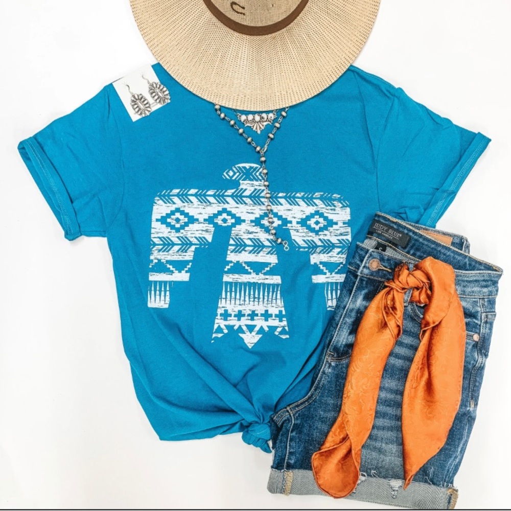 WIND IN WINSLOW AZTEC THUNDERBIRD SHORT SLEEVE GRAPHIC TEE IN DARK TEAL